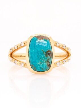 2.47Ct Cushion Shape Sonoran Turquoise & Diamond Ring – Solid 14K Yellow Gold